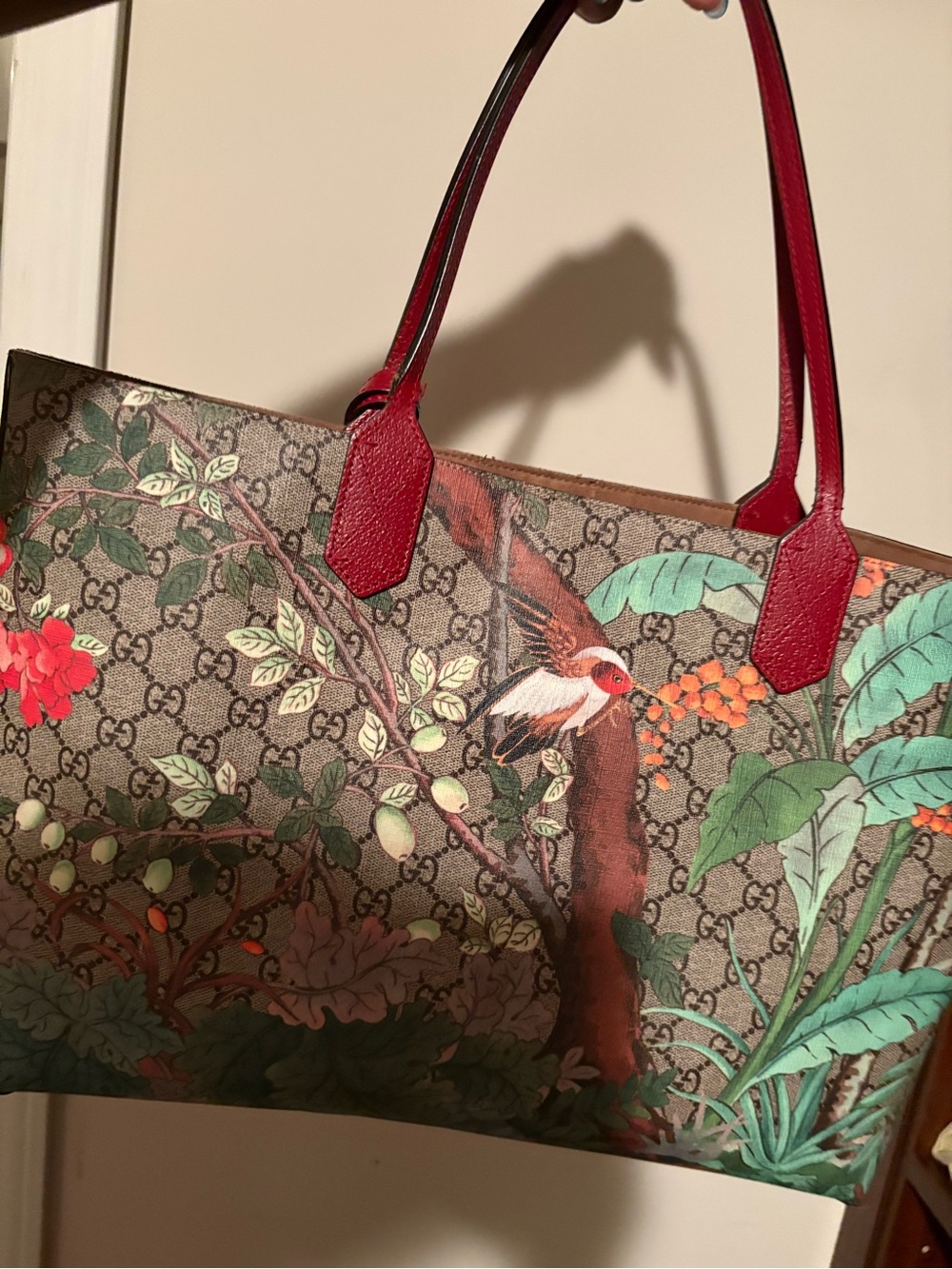 Gucci Floral GG Canvas Tote with Red Leather Handles